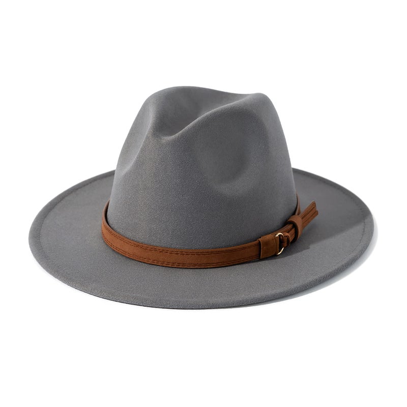 Lisianthus Men & Women Vintage Wide Brim Fedora Hat with Belt Buckle A-Light Grey 56-58cm - Image 1